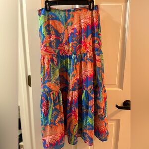 Gretchen Scott Tropical Palm Leaf Printed Long Skirt Tiered Midi Maxi Blue S